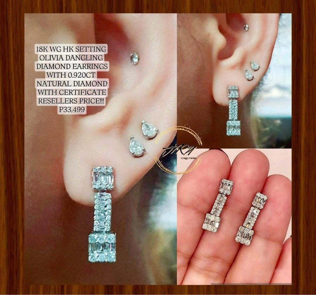 18K White Gold HK Setting Diamond Earrings (Category: Earrings) located in Marikina City. Submitted by meloi0002 (Listing ID 1416397691, Image 1). Description: 18K WG HK SETTING OLIVIA DANGLING DIAMOND EARRINGS WITH 0.920CT NATURAL DIAMOND WITH CERTIFICATE RESELLERS PRICE!!!.