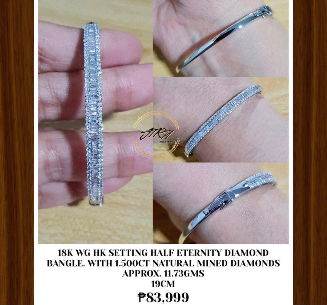 18K White Gold HK Setting Half Eternity Diamond Bangle (Category: Luxury Accessories) located in Marikina City. Submitted by meloi0002 (Listing ID 1416391975, Image 2). Description: 18K WG HK SETTING HALF ETERNITY DIAMOND BANGLE. WITH 1.500CT NATURAL MINED DIAMONDS APPROX. 11.73GMS 19CM P83,999.