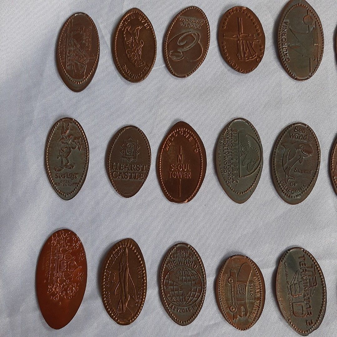 21 Pressed Pennies (2000s) Shrek, Bugs Bunny, Terminator (Category: Vintage Collectibles) located in Batangas. Submitted by llotrading (Listing ID 1416312002, Image 2). Description: take all for 1,500 movies/cartoon IP 150 each standard designs 100 each 1. Ethel M - Chocolates 2. Hearst Castle 3. Mystic Aquarium - Seal 4. T2 - Terminator 2 - 3D - Universal Studios Hollywood 5. Sea World - Shamu of California 6. Yellowstone National Park - Old Fai
