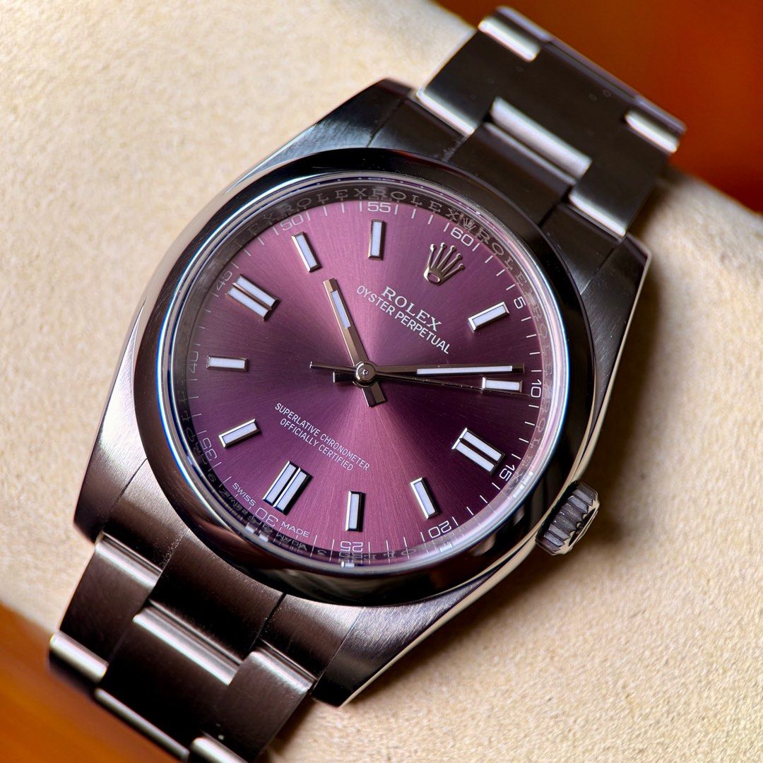 ✅ BEST VALUE Rolex Oyster Perpetual 36 Purple Grape 116000 not 126000 (Category: Watches) located in Singapore. Submitted by deuceseven (Listing ID 1322627508, Image 1). Description: Condition: 9.9/10 (Unpolished, Mint‼️) The Discontinued Rolex Oyster Perpetual 36🫡 Rarely seen Grape Dial 🍇 Complete set less box , Dec’15 🫡 Ref 116000 ✅ ✅ Wearable 36mm case size (perfect for any wrist) ✅ Purple Grape Dial Variant😍 ✅ Perfect Timekeeping ✅ Servic