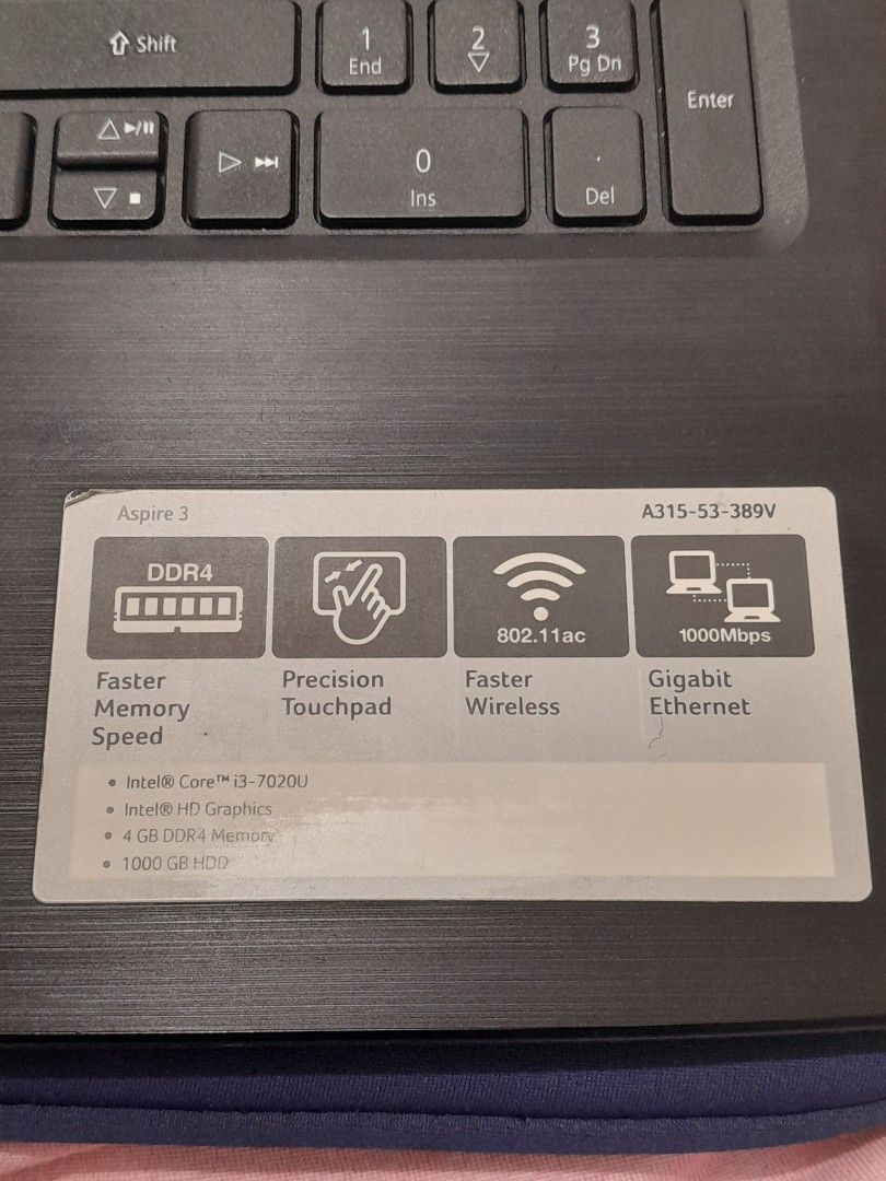 Acer Aspire 3 Laptop (Category: Laptops & Notebooks) located in Manila. Submitted by softiecorgi (Listing ID 1416360372, Image 3). Description: - Acer Aspire 3 laptop with charger, mouse, and sleeve included. - Intel Core i3-7020U processor. - 4GB RAM and 1TB storage. - Gigabit Ethernet and 802.11ac WiFi. - Precision touchpad. - Sleek black design. inclusions: - laptop - wired mouse - original charger - blue laptop pouch - laptop backpack note: -