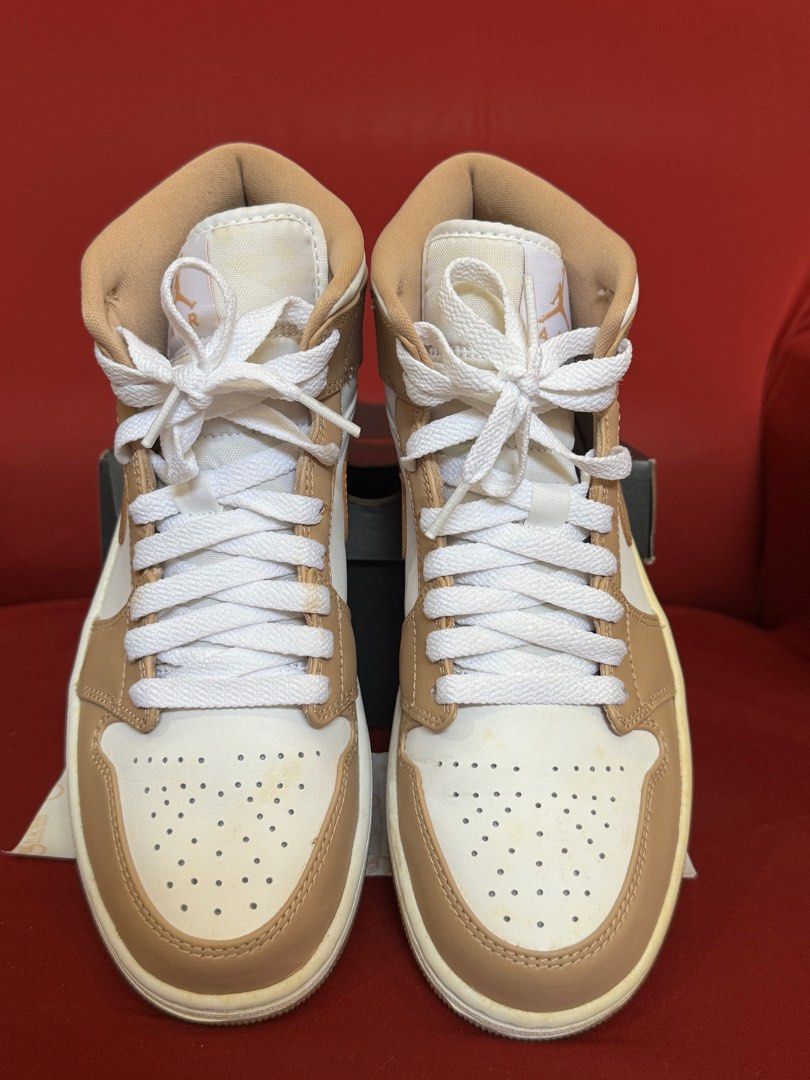 Air Jordan 1 Mid - Hemp/White (Category: Sneakers) located in Quezon City. Submitted by jencollects (Listing ID 1416303953, Image 2). Description: - Air Jordan 1 Mid - Color: Hemp/White-Gum Yellow - Size: US 7.5 mens - Includes original box and receipt - Lightly used, Has yellowing on midsoles - 5k negotiable.