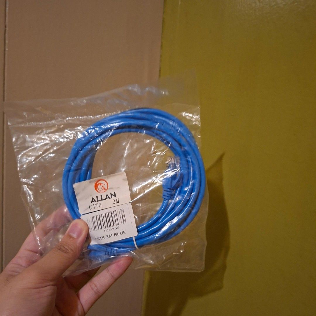 Allan CAT6 3M Blue Ethernet Cable (Category: Cables & Adaptors) located in Pasig City. Submitted by fast-ship (Listing ID 1416238484, Image 2). Description: - Brand new Blue Allan CAT6 Ethernet cable - 3 meters long - Still in original packaging - Perfect for network connections - Ready to use.