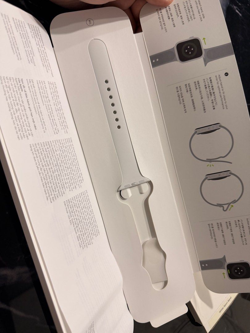 Apple watch band (Category: Wearables & Smart Watches) located in Imus. Submitted by honisp (Listing ID 1416340707, Image 1). Description: For Sale: Authentic Apple Watch Band • Brand New, never used • 41mm White Sport Band (M/L size) • One adjustable side only (not a pair) ✅ Compatible with 38mm, 40mm, and 41mm cases ✅ Works with Series 7, 8, 9 and Apple Watch SE (2nd gen) RFS: : Old watch already sold, new one doesn’t fit.