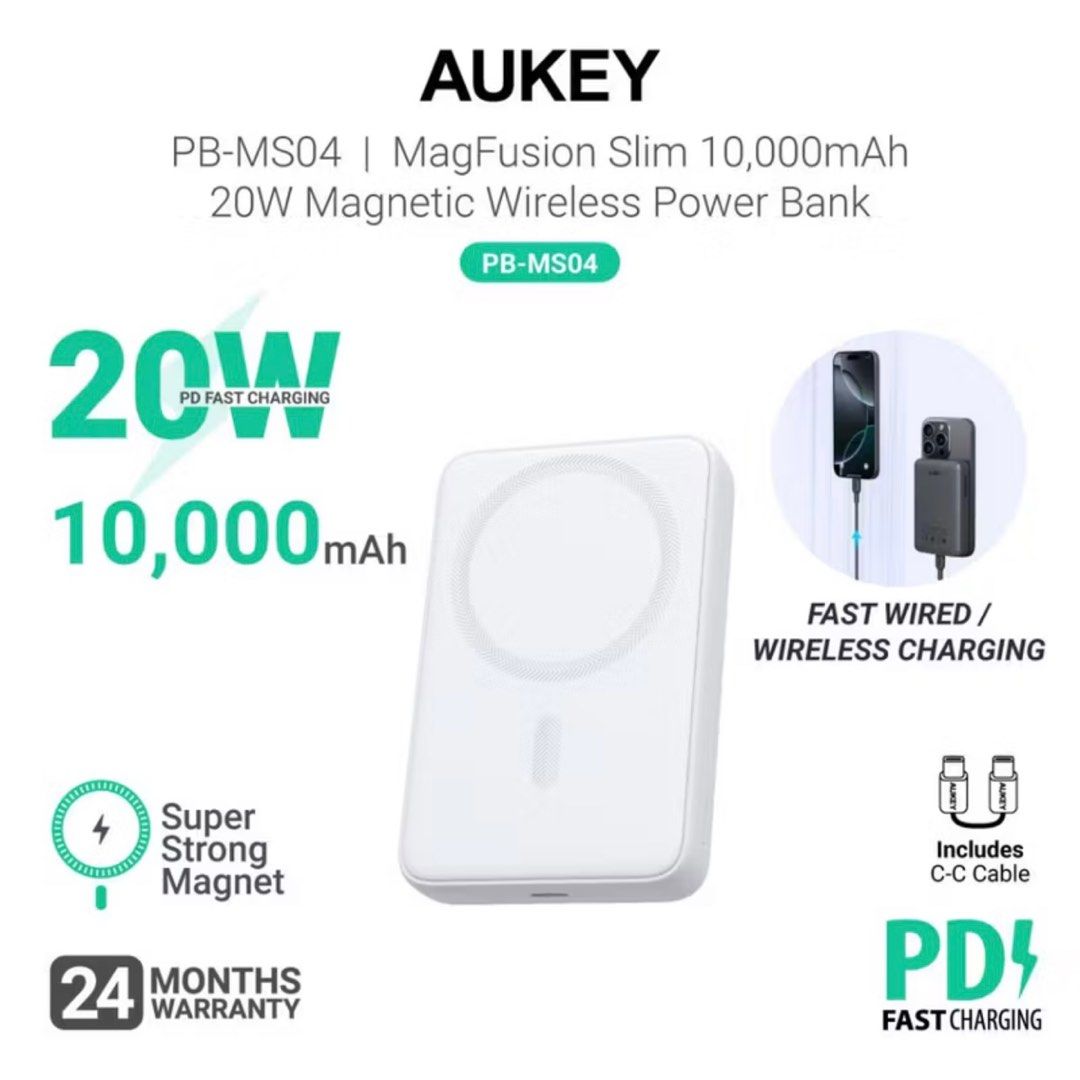 AUKEY PB-MS04 MagFusion Slim 10,000mAh 20W Magnetic Ultra Slim Wireless ...
