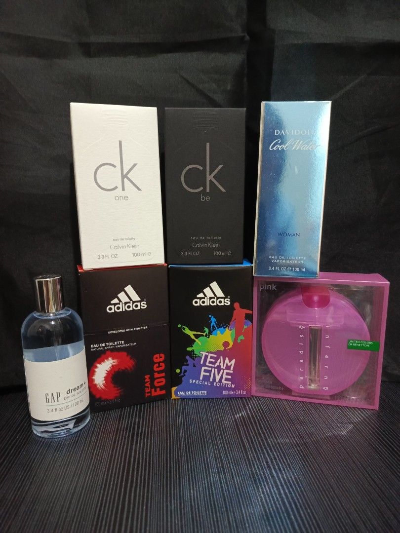 AVAILABLE PERFUMES (SOLD SEPARATELY) (Category: Fragrance & Deodorants) located in Paranaque City. Submitted by tiyenscubeph (Listing ID 1416258952, Image 1). Description: CK ONE 100ML - 2PCS - 1500.00 EACH CK BE 100ML - 2PCS - 1500.00 each ADIDAS - 550.0P EACH GAP DREAM+ - 2200.00 UCB Pink - 750.00 each Coolwater Woman - 2,500.00 each.