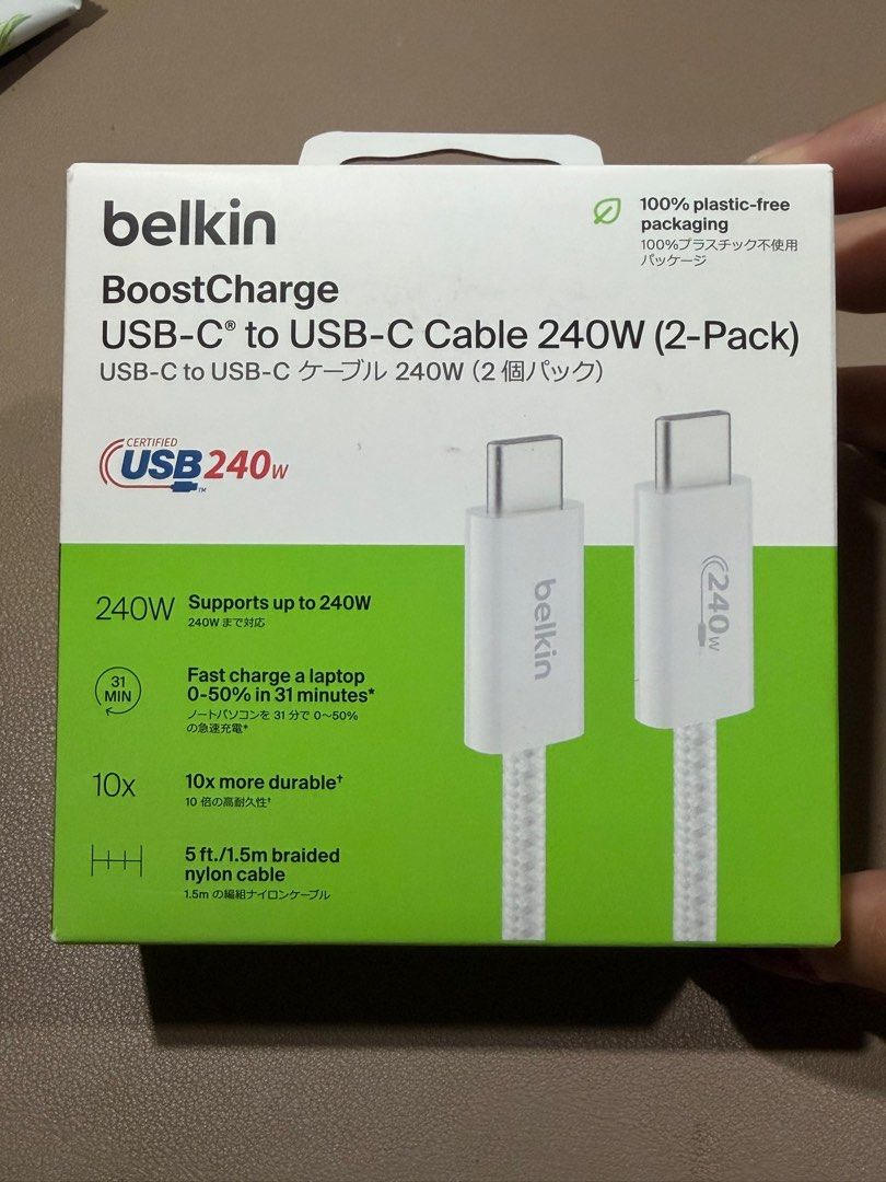 Belkin BoostCharge USB-C to USB-C 240W Cable (2-Pack) (Category: Chargers & Cables) located in Manila. Submitted by calli.d (Listing ID 1416385712, Image 1). Description: BRANDNEW SEALED from POWERMAC Belkin BoostCharge USB-C to USB-C cable, 240W, sold as a 2-pack. It supports up to 240W and can fast charge a laptop in 31 minutes. The cable is 5 ft./1.5m braided nylon and is 10x more durable. It is a white cable..