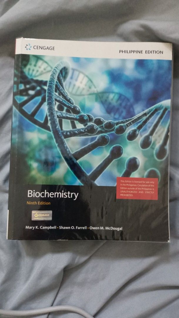 Biochemistry 9th Edition Philippine Edition- Campbell (Category: Textbooks) located in Davao. Submitted by itsannebernards (Listing ID 1416232656, Image 1). Description: - Biochemistry textbook, 9th edition (Philippine Edition); Campbell - Published by Cengage - Covers various biochemistry topics - Features detailed diagrams and explanations - Text is clear and pages are intact -With minimal pencil marks.