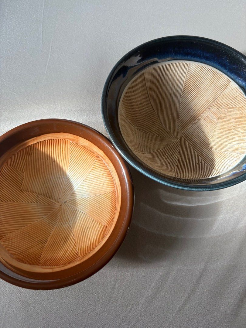 Ceramic Bowls (Category: Other Kitchenware & Tableware) located in Makati City. Submitted by the.saintly.club (Listing ID 1416299579, Image 2). Description: - Set includes two ceramic mortar and pestle bowls. - One bowl is brown. - The other is blue with a white base. - Both bowls have textured interiors. - Ideal for grinding spices and preparing ingredients..
