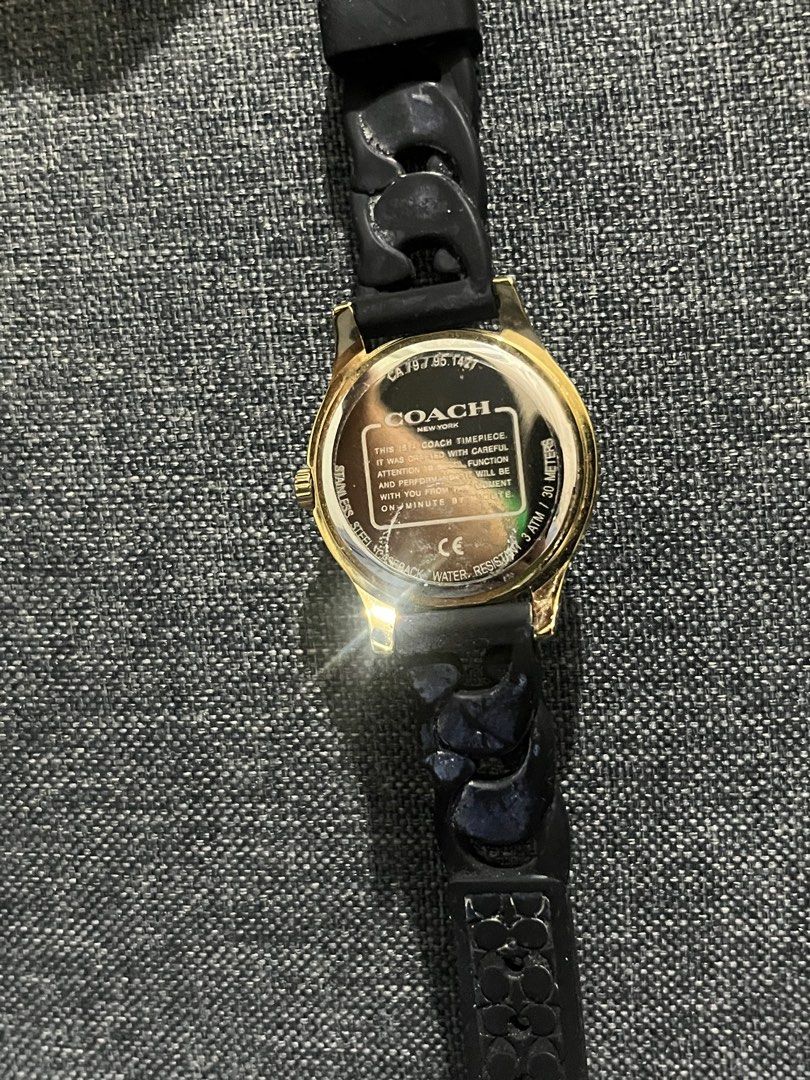 Coach Black Strap with Gold Rim (Category: Women's Watches) located in Manila. Submitted by missdeeclutterz (Listing ID 1416346969, Image 2). Description: -original, directly bought from japan (not thrifted) -code of the item: CA 79.7.95.1427 -dm me for more details! mop: gcash/bank transfer mod: lalamove/lbc/meet up at SM MOA.