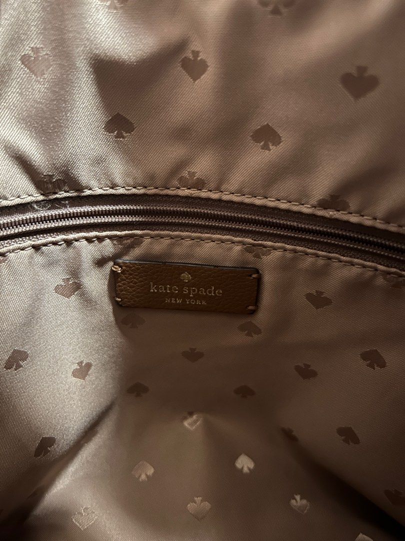 Kate Spade New York Shoulder Bag (Category: Luxury Bags & Wallets) located in Alfonso. Submitted by vern1996 (Listing ID 1416379623, Image 3). Description: - Kate Spade shoulder bag - Warm brown color - Zippered closure - Comfortable shoulder strap - Patterned interior lining - Comes with dust bag - Made of leather - Slightly nego.