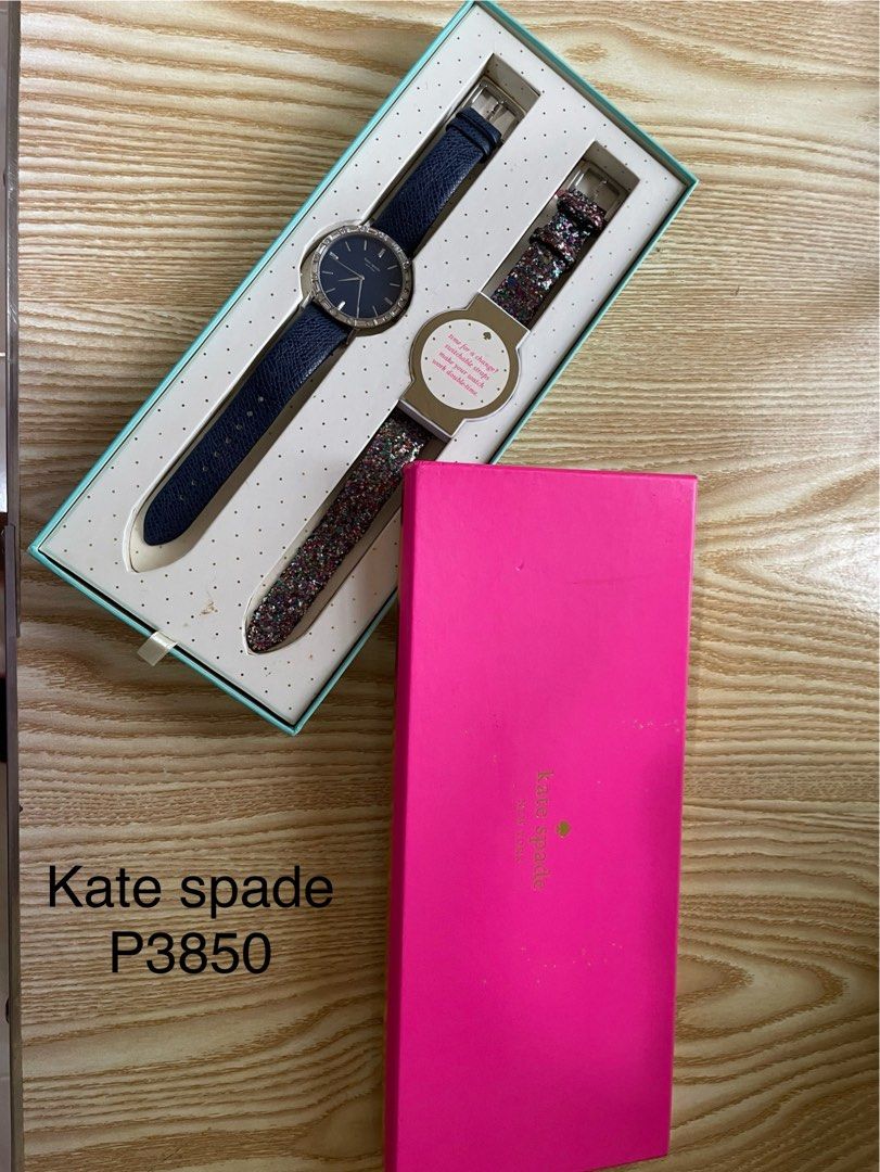 Kate Spade Watch Set with Interchangeable Straps (Category: Women's Watches) located in Tanauan. Submitted by airese (Listing ID 1416435435, Image 2). Description: - Kate Spade watch set - Includes watch with: - Blue leather strap - Sparkly strap - Silver bezel - Blue watch face - Features "Live Colorfully" - Genuine leather blue strap - Comes with original box and booklet.