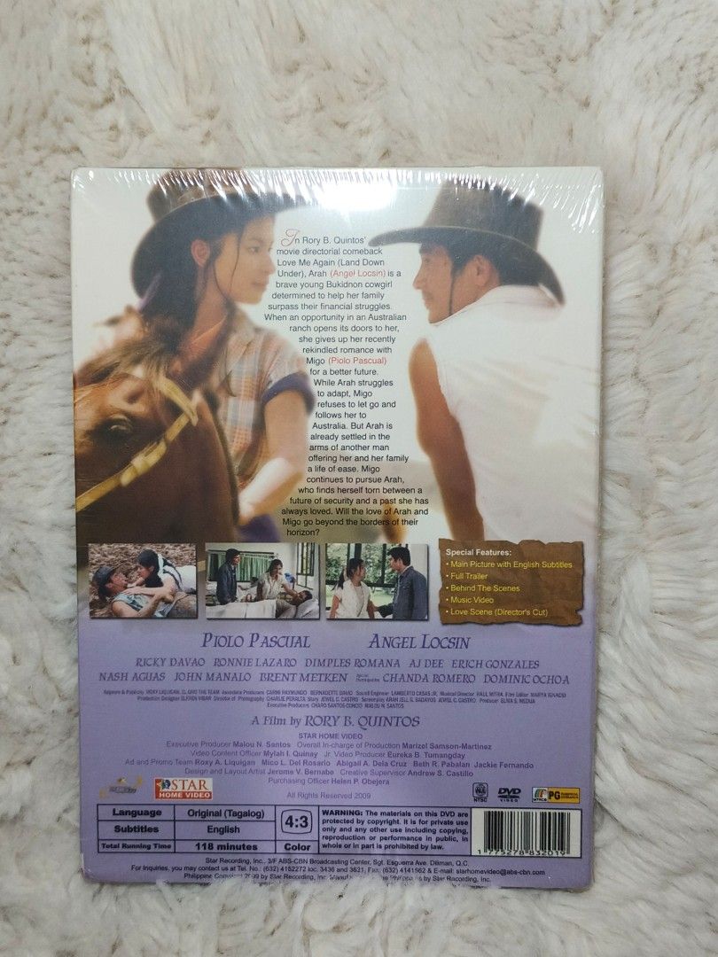 Love Me Again DVD (Category: CDs & DVDs) located in Quezon City. Submitted by kevinfuentes0219 (Listing ID 1416415342, Image 2). Description: Original DVD of the movie "Love Me Again" starring Piolo Pascual and Angel Locsin. It is a certified blockbuster hit. The DVD is still sealed in its original packaging. It includes the movie and is in color. The aspect ratio is 4:3 and the running time is 118 minutes..