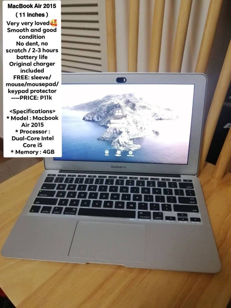 MacBook Air 2015 (11 inches) (Category: Laptops & Notebooks) located in Pasig City. Submitted by copykat (Listing ID 1416416741, Image 1). Description: RE-PRICED!!! From 11k to 9k🥰Need to declutter 𝗠𝗮𝗰𝗕𝗼𝗼𝗸 𝗔𝗶𝗿 𝟮𝟬𝟭𝟱 ( 𝟭𝟭 𝗶𝗻𝗰𝗵𝗲𝘀 ) Very very loved🥰Smooth and good condition No dent, no scratch / 2-3 hours battery life Original charger included FREE: sleeve/mouse/mousepad/keypad protector ----PRICE: P11K <Specifications> * Mode