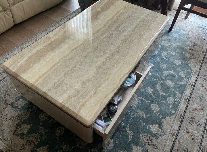 Marble coffee table set (Category: Tables & Sets) located in Singapore. Submitted by john8wickk (Listing ID 1416400843, Image 2). Description: Coffee table and tv console with a marble top and built-in drawers for storage. It shows some minor wear & tears but is in overall good condition. Perfect for any living room.Self pick up only or call you own delivery.Able to nego but :).