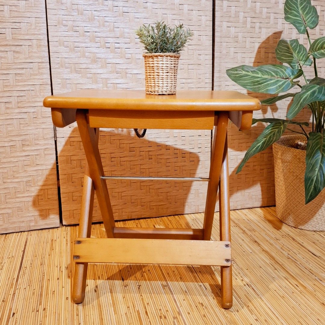 Mini solid wood folding table side table (Category: Tables & Sets) located in Dasmarinas. Submitted by millennialmeetsvintage (Listing ID 1416353504, Image 3). Description: H 43 x L 40 x W 28 cm super cute small folding side table solid wood sturdy and durable folds flat for easy storage portable last price posted no haggling 🙅‍♀️ 📌shipping via lalamove only 📌no reservations, first-to-pay basis 📌no physical store, no walk-ins 📌ships from DAS