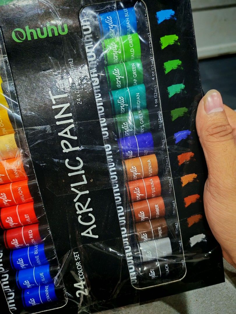 Ohuhu Acrylic Paint 24 Color Set (Category: Art & Prints) located in Daet. Submitted by jemotovlog28 (Listing ID 1416321624, Image 3). Description: - Ohuhu Acrylic Paint Set - 24 vibrant colors - Each tube: 12ml - Includes colors like Titanium White, Lemon Yellow, and Crimson Red - Perfect for all skill levels - Brand new and sealed.