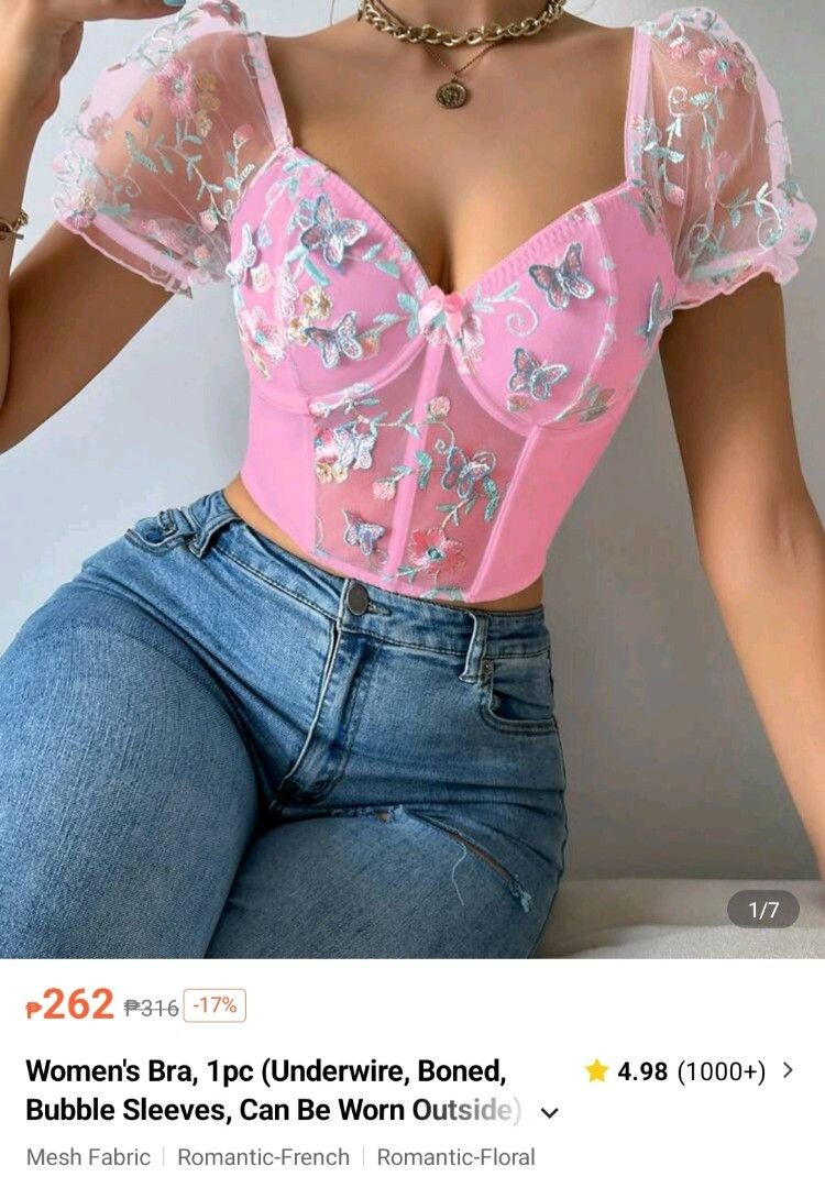 Pink Butterfly Corset Top (Category: Sleeveless) located in Manila. Submitted by arniegay (Listing ID 1416274012, Image 1). Description: - Pink corset top - Butterfly and floral embroidery - Sweetheart neckline - Boning for structure - Bubble sleeves - Can be worn as outerwear - Mesh fabric - Romantic, French-inspired style rfs wrong size pls no haggling .