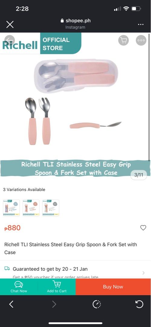 RICHELL Stainless Steel Easy Grip Spoon and Fork set with case (Category: Weaning & Toddler Feeding) located in Quezon City. Submitted by everthingmustgoph (Listing ID 1416280853, Image 3). Description: BRAND NEW RICHELL Stainless Steel Easy Grip Spoon and Fork set with case. Never opened. Bought several pairs but ended up using 1 pair only because my daughter prefers her white pair. Best for travel..