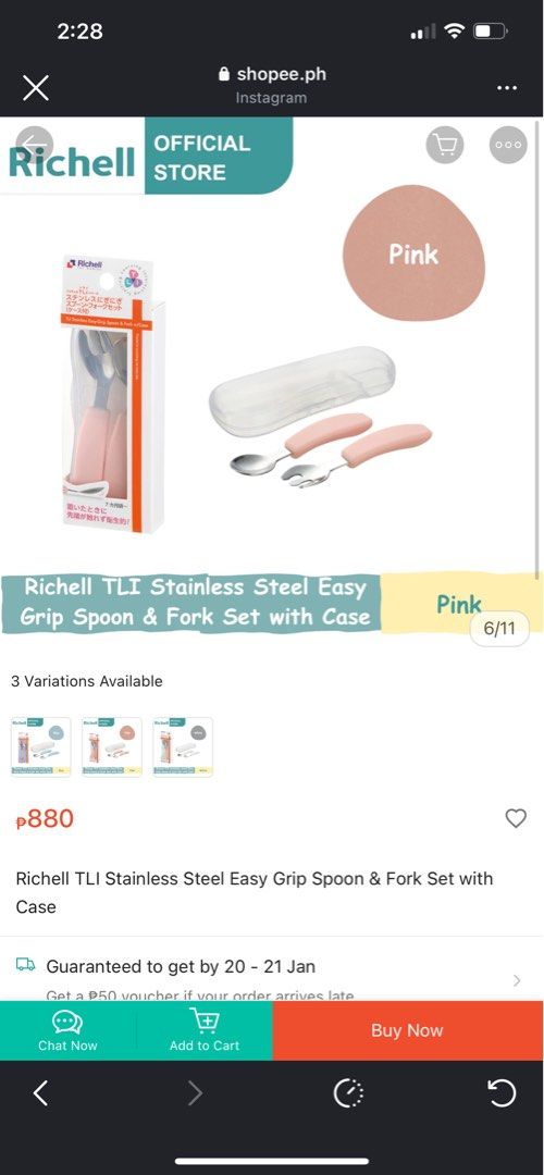 RICHELL Stainless Steel Easy Grip Spoon and Fork set with case (Category: Weaning & Toddler Feeding) located in Quezon City. Submitted by everthingmustgoph (Listing ID 1416280853, Image 2). Description: BRAND NEW RICHELL Stainless Steel Easy Grip Spoon and Fork set with case. Never opened. Bought several pairs but ended up using 1 pair only because my daughter prefers her white pair. Best for travel..