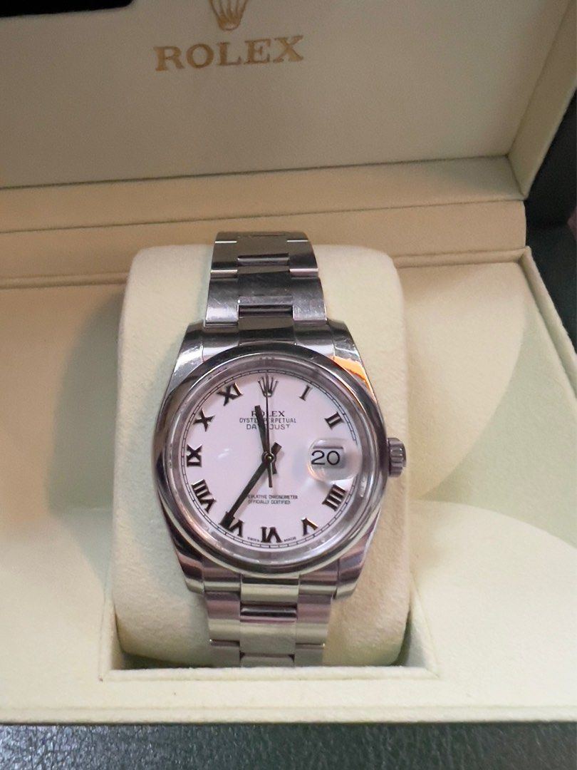 Rolex Datejust Stainless Steel Watch (Category: Luxury Watches) located in San Juan City. Submitted by thefigtree88 (Listing ID 1416415397, Image 1). Description: Rolex Oyster Perpetual Datejust Whiteface 36mm Ref 116200 - datejust smooth bezel Full set - inner and outer box, authenticity card and booklets Complete links .