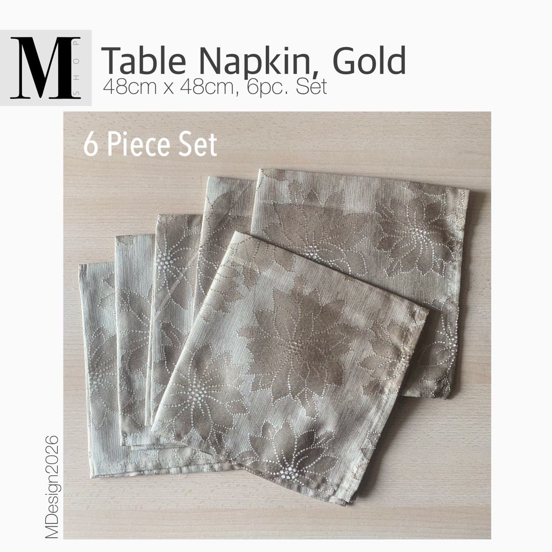 Table Napkin 6pc Set (Category: Table Linen & Textiles) located in Manila. Submitted by mshopmla (Listing ID 1416224430, Image 1). Description: Table Napkin 6pc Set Color: Gold Product Code: TBNG-6 Price: Php 450 #Mshop #MShopmla #theMFMshop.