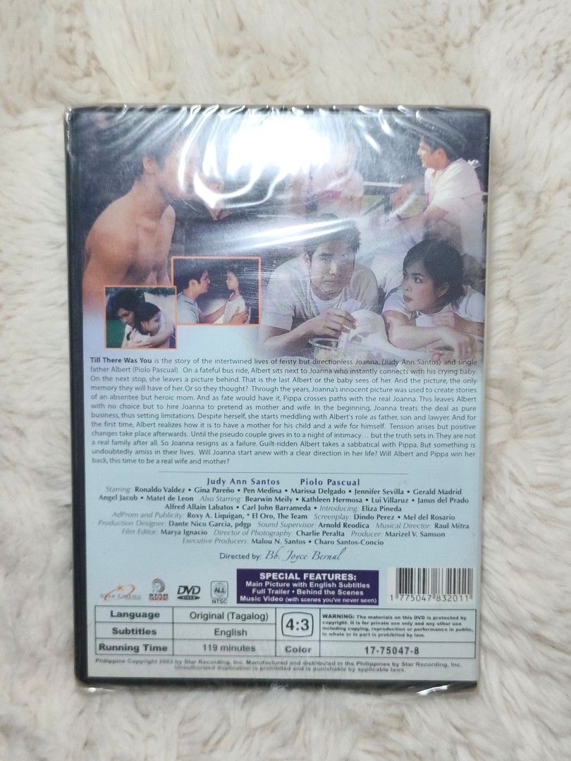 Till There Was You DVD (Category: CDs & DVDs) located in Quezon City. Submitted by kevinfuentes0219 (Listing ID 1416420301, Image 2). Description: Original DVD of the Filipino movie "Till There Was You". Features Judy Ann Santos and Piolo Pascual. Includes special features and is in English and Tagalog. Running time is 119 minutes. This is a Star Cinema 10th Anniversary offering..
