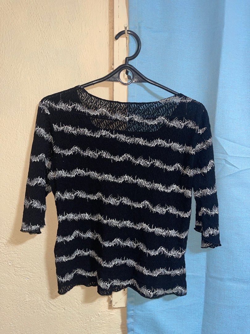 Vinatge Black and White Striped Top (Category: Blouses) located in Quezon City. Submitted by ___maris03 (Listing ID 1416403161, Image 2). Description: - Black and white striped pattern - Square neckline - Three-quarter sleeves - Delicate lace trim - Comfortable knit fabric - Available sizes: Please inquire.