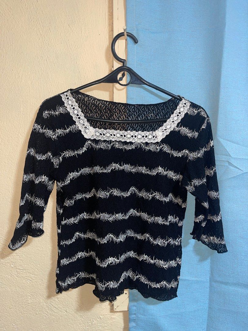 Vinatge Black and White Striped Top (Category: Blouses) located in Quezon City. Submitted by ___maris03 (Listing ID 1416403161, Image 1). Description: - Black and white striped pattern - Square neckline - Three-quarter sleeves - Delicate lace trim - Comfortable knit fabric - Available sizes: Please inquire.