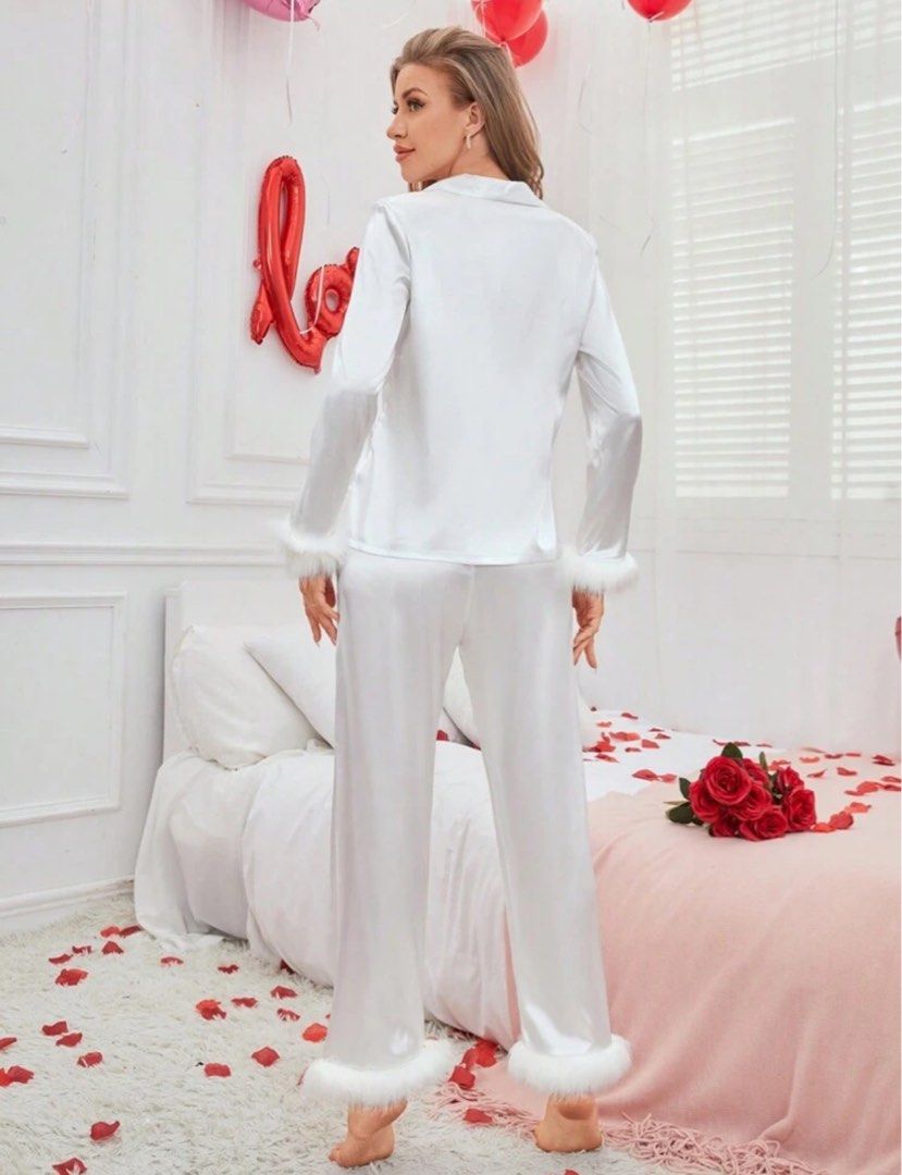 White Satin Pajama Set with Feather Trim (Category: Undergarments & Loungewear) located in Quezon City. Submitted by raca_preloved (Listing ID 1416344444, Image 2). Description: Used once for photoshoot Size: medium .