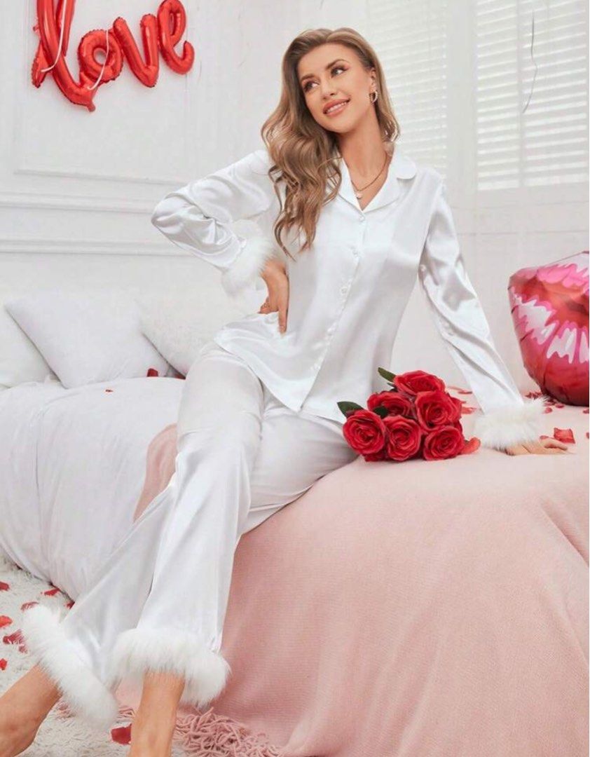 White Satin Pajama Set with Feather Trim (Category: Undergarments & Loungewear) located in Quezon City. Submitted by raca_preloved (Listing ID 1416344444, Image 3). Description: Used once for photoshoot Size: medium .