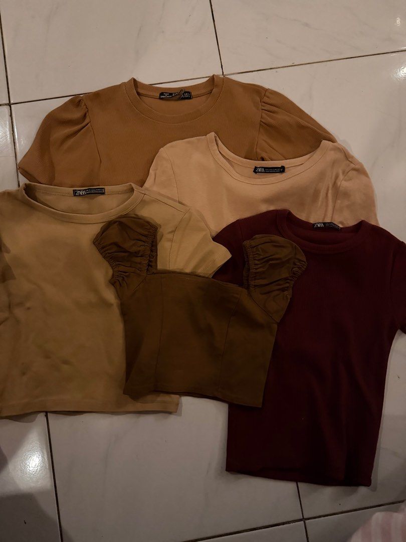 Zara Tops Bundle (Category: Blouses) located in Pasig City. Submitted by lovedstuff2020 (Listing ID 1416410168, Image 1). Description: - Zara brown tops bundle. - Includes: ribbed top, puff sleeve top, cropped top. - Sizes: S-M - Perfect for casual outfits..