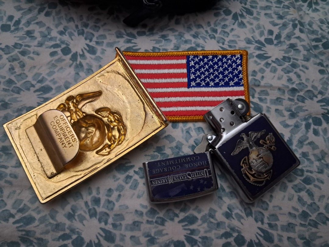Zippo United States Marines Lighter and Accessories (Category: Vintage Collectibles) located in Davao. Submitted by rbjuvyreyn18879 (Listing ID 1416384224, Image 2). Description: the u.s marine corps..gold plated buckle & zippo lighter..original. excellent conditions. plus free 1 pc. u.s flag patch..