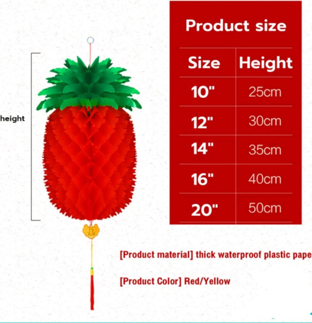 2PCS PINEAPPLE LANTERN (Category: Occasions & Party Supplies) located in Mandaluyong City. Submitted by kookiejoyz (Listing ID 1416542593, Image 2). Description: FOR SALE: 2PCS PINEAPPLE LANTERN MATERIAL: PAPER NOTE: **WATERPROOF **PRICE STARTS AT 175.00 DEPENDS ON THE SIZE OF PINEAPPLE LANTERN WE ALSO HAVE OTHER CHINESENEW YEAR DECORATION FOR INQUIRY AND ORDER KINDLY DM ME.