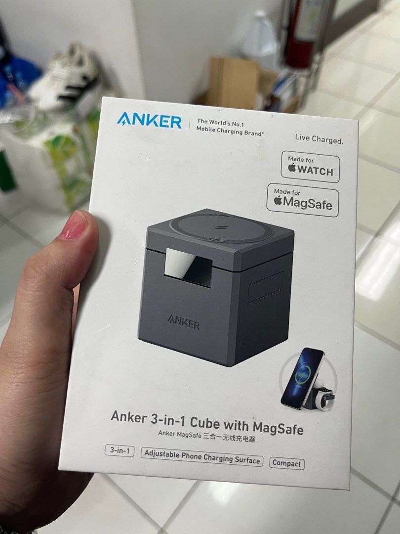 Anker 3in1 cube (Category: Chargers) located in Manila. Submitted by msadlawan646634 (Listing ID 1416455894, Image 3). Description: -3‑in‑1 wireless charging for iPhone, Apple Watch & AirPods in one compact unit -15W fast MagSafe wireless charging for iPhone (MagSafe certified) -Dedicated charging spots for Apple Watch & AirPods -Foldable, travel‑friendly cube design with adjustable viewing angle -Includes USB‑C cable and (often) 30W charger for 