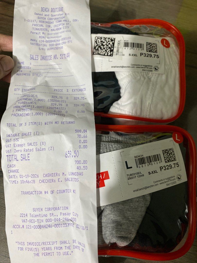 Bench Underwear Original with Receipt (Category: Underwear) located in Manila. Submitted by jadelacruz76097 (Listing ID 1416503442, Image 1). Description: Bought wrong sized of bench for underwear Too small for my son. Large waist is 32-34.