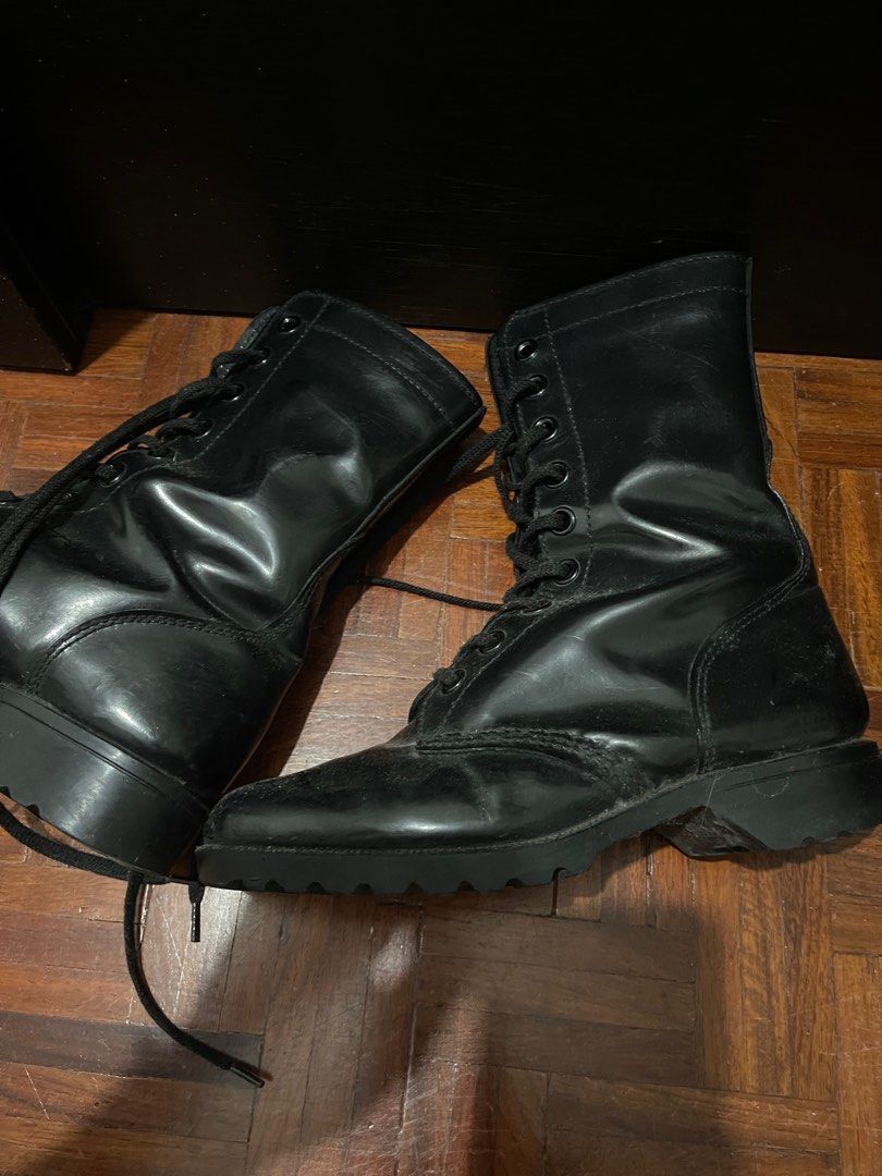 Black Combat Boots (Category: Boots) located in Paranaque City. Submitted by spjuane (Listing ID 1416558334, Image 2). Description: - Thrifted Black combat boots - Lace-up closure - Mid-calf height - Sturdy sole with textured grip - Durable material - Dusty but nothing falling apart - Can fit up to US 8.5.