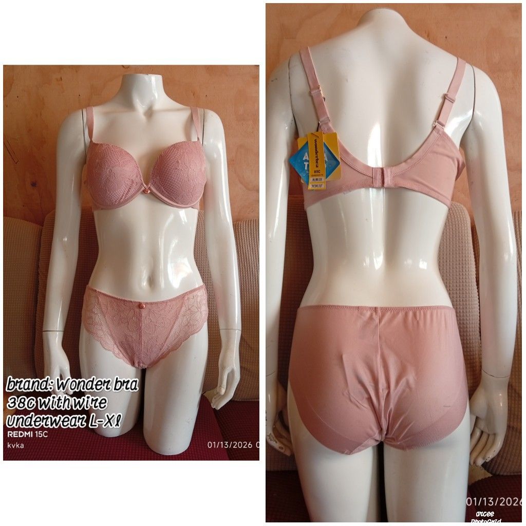 Brand New Bra and undies (Category: Undergarments & Loungewear) located in Baguio. Submitted by arcee_kits (Listing ID 1416440556, Image 1). Description: Brand: Wonder bra with wire semi push up bra bra size: 38c underwear: L-XL.