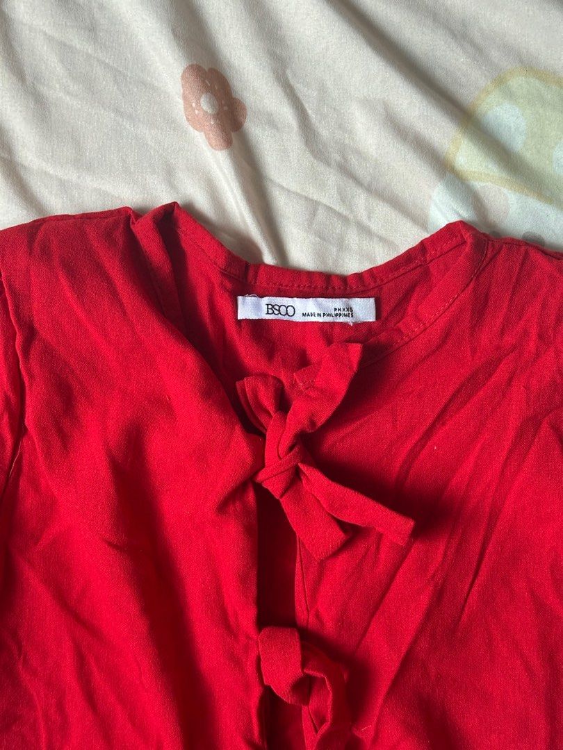 BSCO chinese style ribbon top (Category: Blouses) located in Quezon City. Submitted by angelreyes0001 (Listing ID 1416498052, Image 3). Description: peplum deep red color flattering color and style perfect for chinese new year XXS on tag but best fit XS to S bnew and never used.