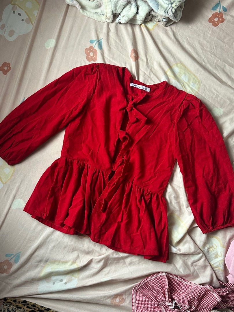 BSCO chinese style ribbon top (Category: Blouses) located in Quezon City. Submitted by angelreyes0001 (Listing ID 1416498052, Image 1). Description: peplum deep red color flattering color and style perfect for chinese new year XXS on tag but best fit XS to S bnew and never used.