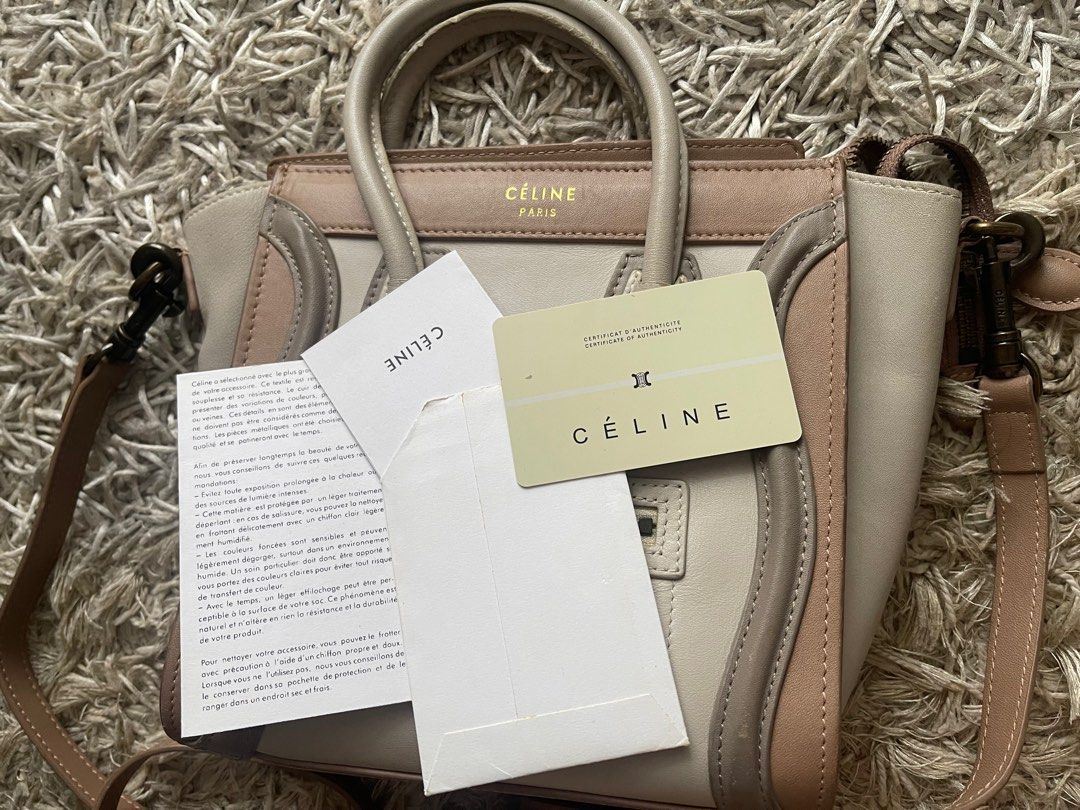 Celine Luggage Nano Handbag (Category: Luxury Bags & Wallets) located in Las Pinas. Submitted by ohmygeez07 (Listing ID 1416468917, Image 3). Description: - Celine Luggage Nano handbag - Tri-color design - Top handle and detachable shoulder strap - Front zipper pocket - Main compartment - Includes authenticity cards - Approximately 8 inches wide 100% authentic Rfs: decluttering .