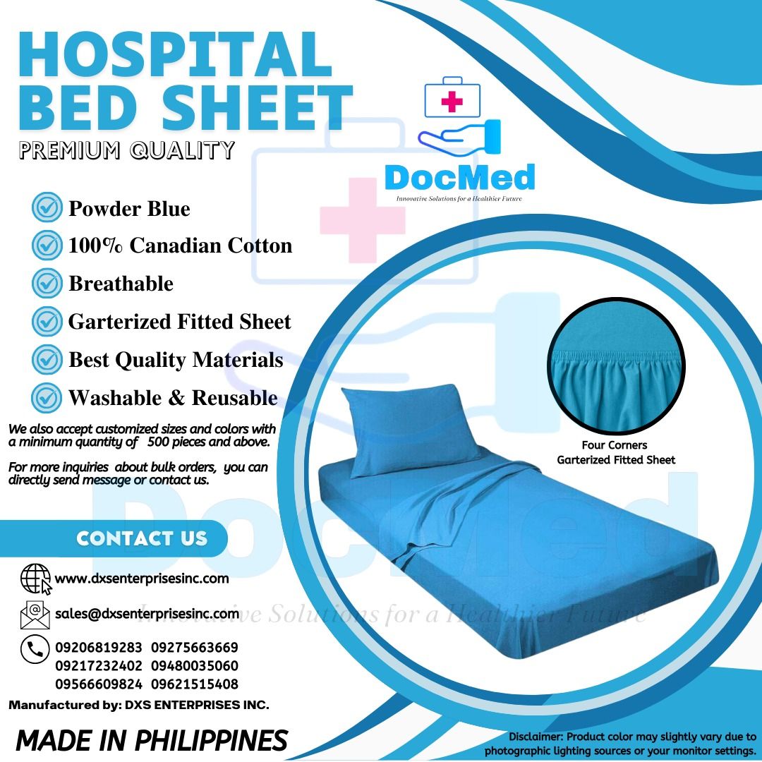 DOCMED HOSPITAL BED SHEET (Category: Bedding & Towels) located in Quezon City. Submitted by andrea_dxs (Listing ID 1416482230, Image 1). Description: DOCMED HOSPITAL BED SHEET Canadian Cotton Powder Blue or White available WE ALSO ACCEPT BULK ORDERS 📳 0 9 3 0 4 8 8 2 2 6 9 v. i. b. e. r. 💸 WE ACCEPT CASH ON DELIVERY/ CASH ON PICK UP/ GCASH AND BANK TRANSFER ✨ WE ARE OPEN DAILY✨ 📍 MONDAY TO SATURDAY ⌚️ 9:00 AM TO 6:00 PM Look for Ms. Andrea to 