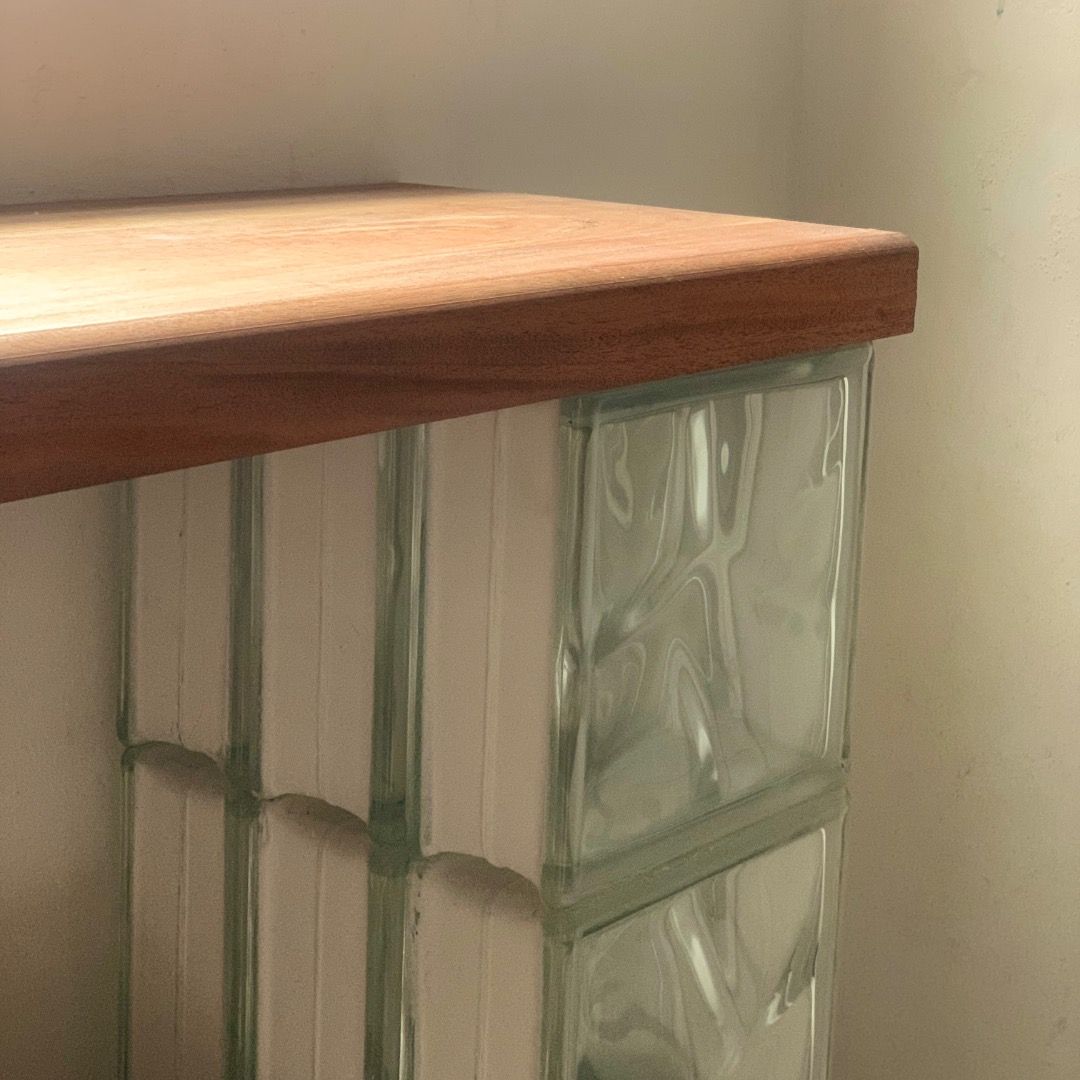 Glass blocks and wood entryway/ console/ table (Category: Tables & Sets) located in Quezon City. Submitted by nuevoviejo (Listing ID 1416494433, Image 2). Description: Tabletop length: 120” Table height: 80” Depth: 11” Set is modular & table top is detachable, can be shortened to your liking/ space ☺️ *pre-orders only atm.