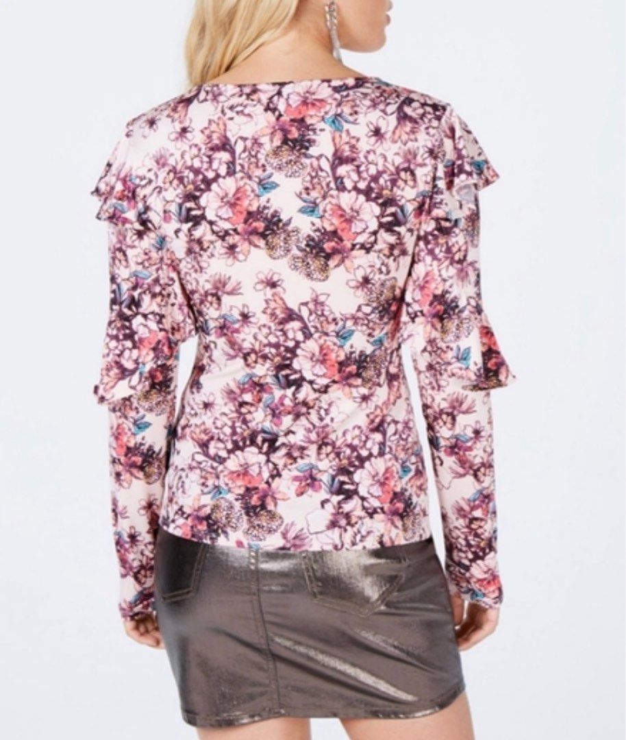 GUESS Bianka Long Sleeve Ruffle Top (Category: Blouses) located in Paranaque City. Submitted by iluvcongee (Listing ID 1416534360, Image 2). Description: BNWT Color: Hyper Bloom Print Rose Dust Hits at hip Scoop neckline Long sleeves with ruffled detailing throughout 98% Polyester/ 12% Spandex Hand wash.