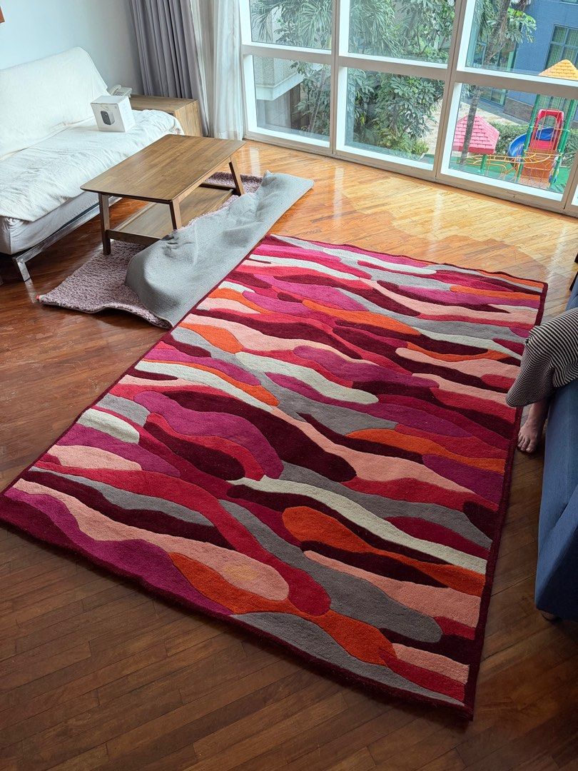 Habitat Kool Design Studio Rug (Category: Carpets, Mats & Flooring) located in Makati City. Submitted by inezlebron (Listing ID 1416622163, Image 3). Description: - Habitat rug - Colorful design: red, orange, and gray - Size: 170 x 240cm - Material: Wool and cotton - Suitable for living room or bedroom - Care instructions on label.