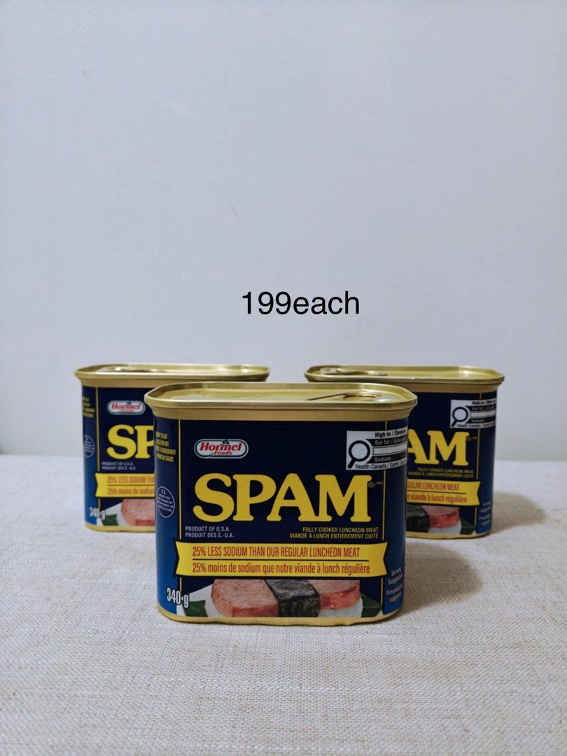 Hormel Spam 25% Less Sodium (Category: Packaged & Instant Food) located in Quezon City. Submitted by mthereser43807 (Listing ID 1416580131, Image 1). Description: - Hormel Spam, f - 25% less sodium - 340g per can - 199 pesos per can - Product of USA.