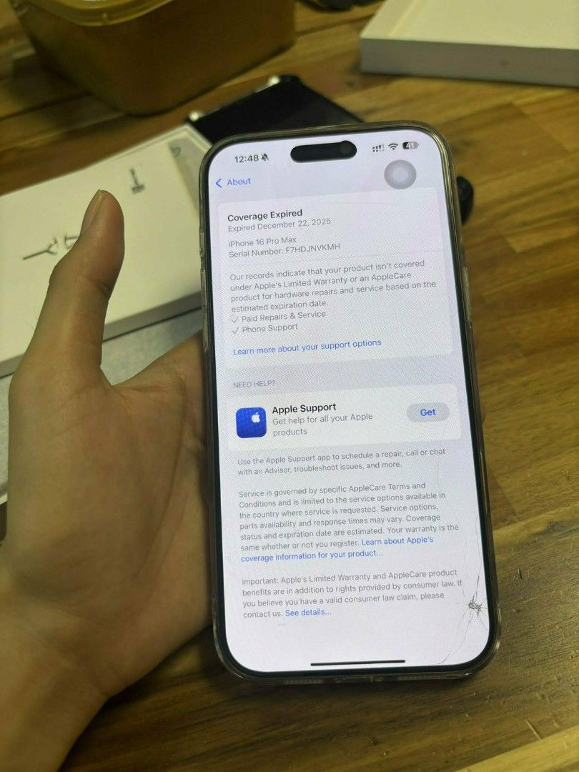 Iphone 16 pro max (Category: iPhone X Series) located in Caloocan City. Submitted by akiyuki1331 (Listing ID 1416589269, Image 2). Description: Iphone 16 pro max 256gb Bought last dec 2024 Warranty expired last dec 22 2025 lang With box pa negotiable for sure buyer and yung basag is tempered glass lang. .