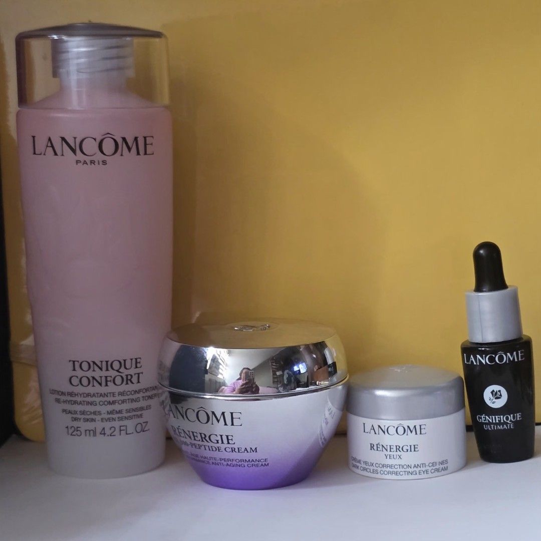 Lancome Skincare Set (Category: Face Care) located in Imus. Submitted by my8th (Listing ID 1416449124, Image 1). Description: Set includes : Lancome Tonique Confort -Php 1000 Rénergie Multi-Peptide Cream - Php500 Rénergie Yeux Eye Cream - Php300 Génifique serum -Php400. The Tonique Confort is a hydrating comforting toner, 125ml. The Rénergie Multi-Peptide Cream is an anti-aging cream. The Rénergie Yeux is an eye cream. The Génifique serum is a fa