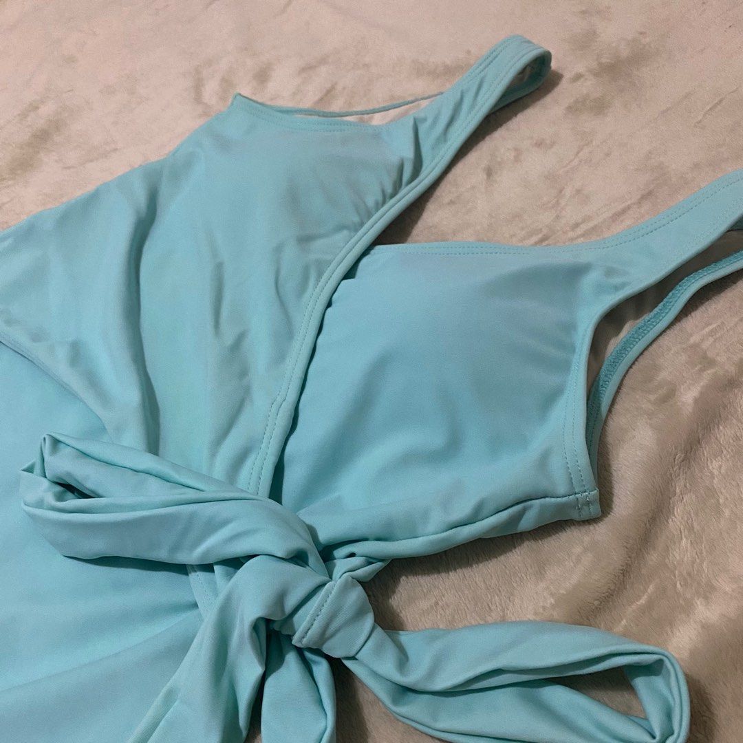 Light Blue One-Piece Wraparound Swimsuit (Category: Bikinis & Swimsuits) located in San Fernando. Submitted by snukila (Listing ID 1416556532, Image 2). Description: used twice only (with undies naman po) no refund payment before shipping.