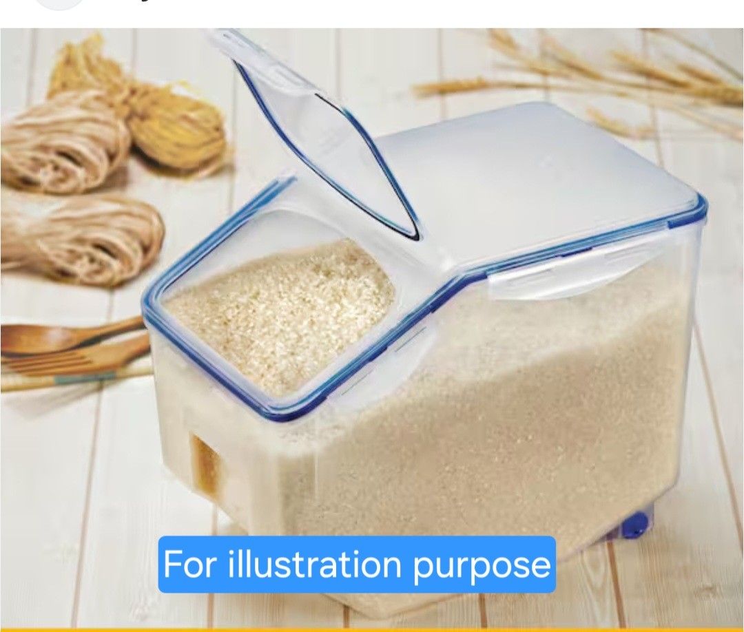 Lock & Lock Classic Rice Container (Category: Food Organisation & Storage) located in Singapore. Submitted by jkteam (Listing ID 1416635097, Image 2). Description: - 5L Lock & Lock rice container - Features a flip-top lid for easy pouring and a separate compartment for easy access. - Dimensions: 235mm x 150mm x 190mm. - Store rice up to 3kg. - Perfect for storing rice, grains, or pet food..